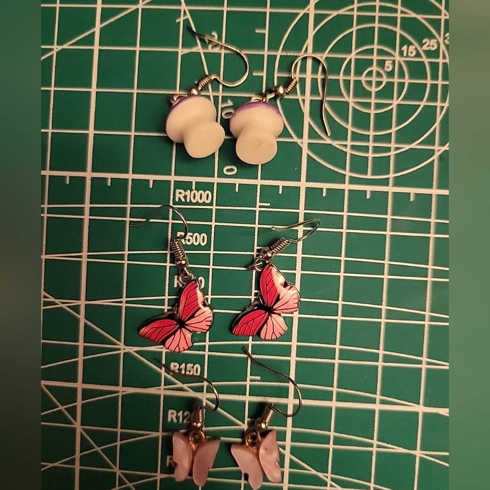 Lot of 3 Pairs Pierced Earrings Random As Shown Lot - Butterflies & Mushroom